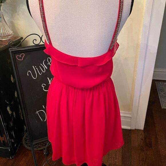 *Zara* *Barbiecore* Red Beaded Sheer Layered Ruffle Trim Dress Sz Small - Picture 6 of 9